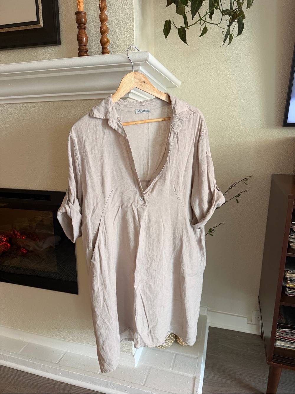 100% Linen Beige Midi Tunic Dress with Roll-Tab Sleeves